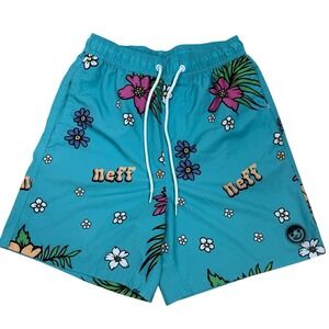 Neff Mens Swim Trunks Shorts Blue Floral‎ Print Elastic Waist Drawstring Size M